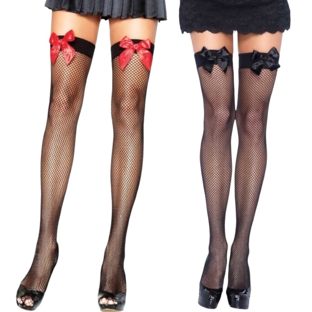 Hot Topic Red And Black Bow Black Fishnet Thigh Highs 2 PC Bundle Set NEW